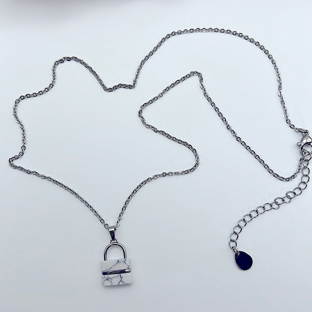 LAST ONE! 14KP White Gold + Real White Buffalo Turquoise Lock Necklace - Picture 3 of 3